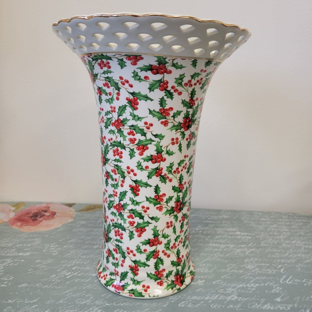Vases- Formalities by Baum Bros Holly Pattern Ceramic  Ivory‎ Pierced Rim